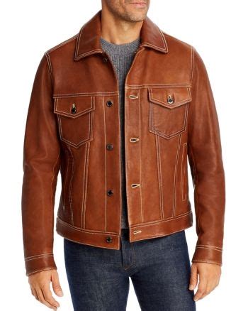 Michael Kors Mens Burnished Leather Trucker Jacket Brown 